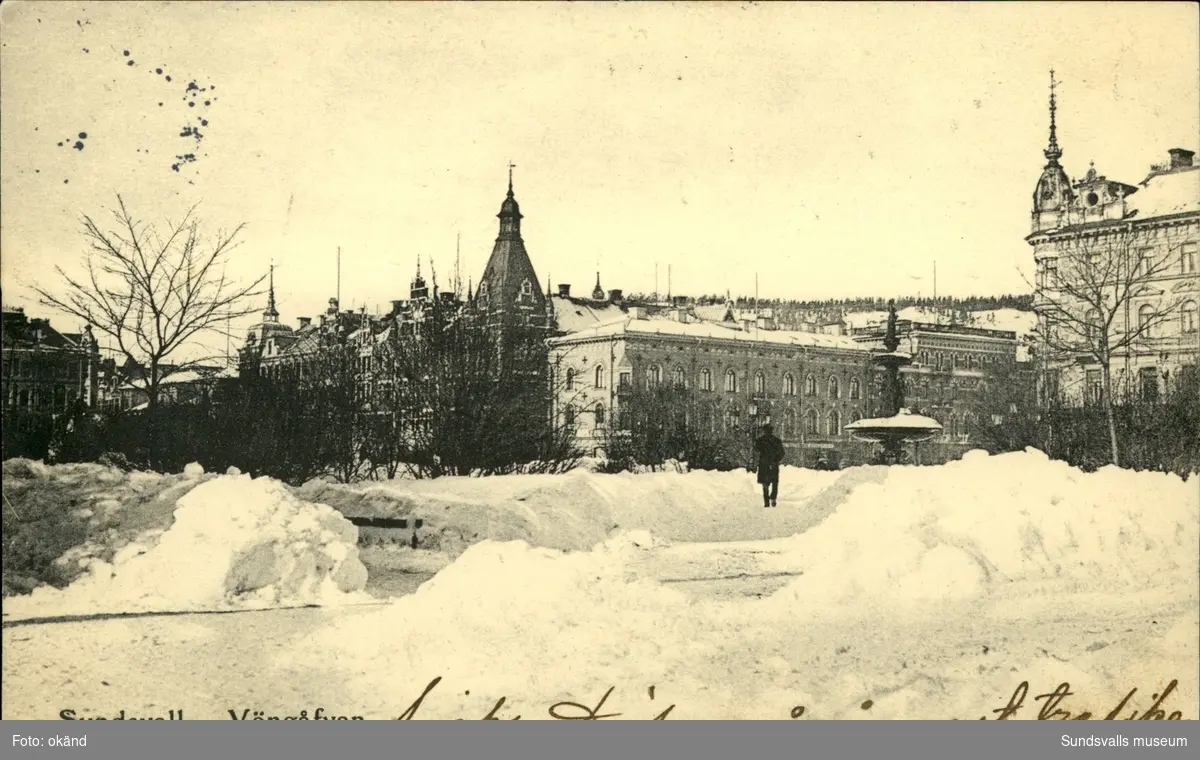 Vykort med vintermotiv över Vängåvan i Sundsvall.