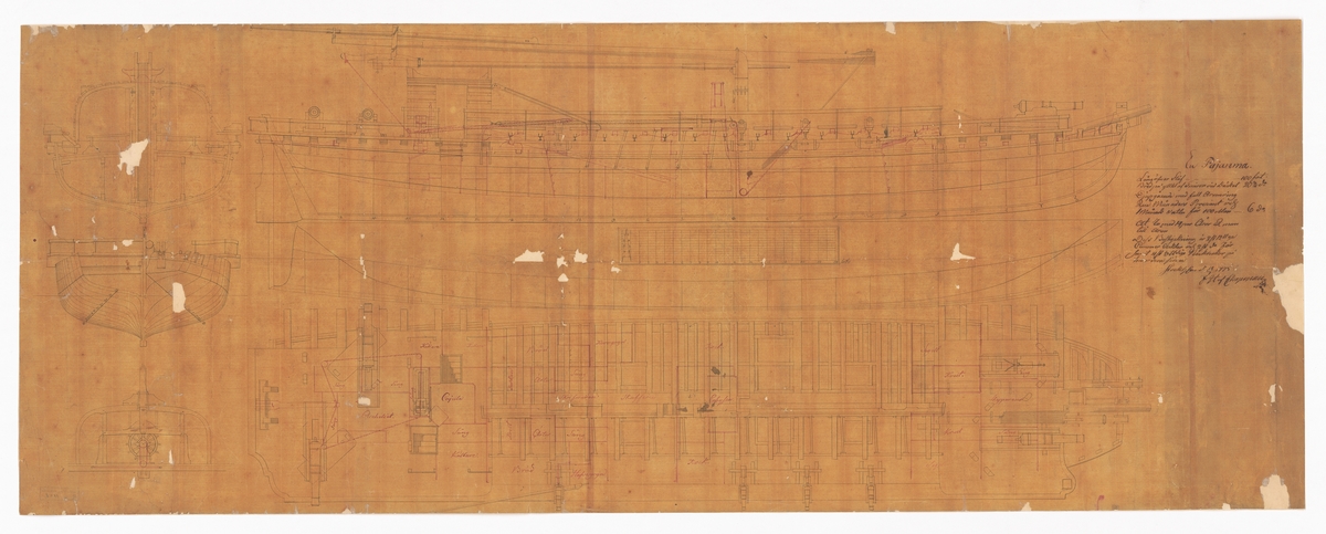 Pojamafartyg. Profil- och linjeritning, spant, sektion och plan