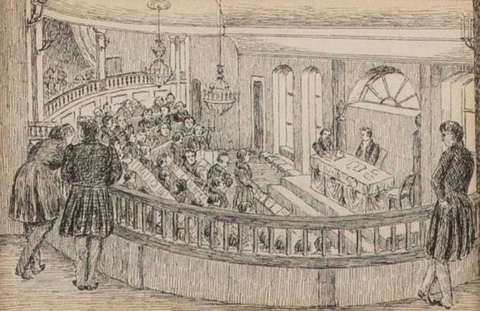 Møte i den gamle stortingssalen [Tegning]