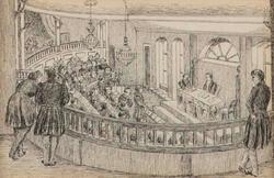 Møte i den gamle stortingssalen [Tegning]