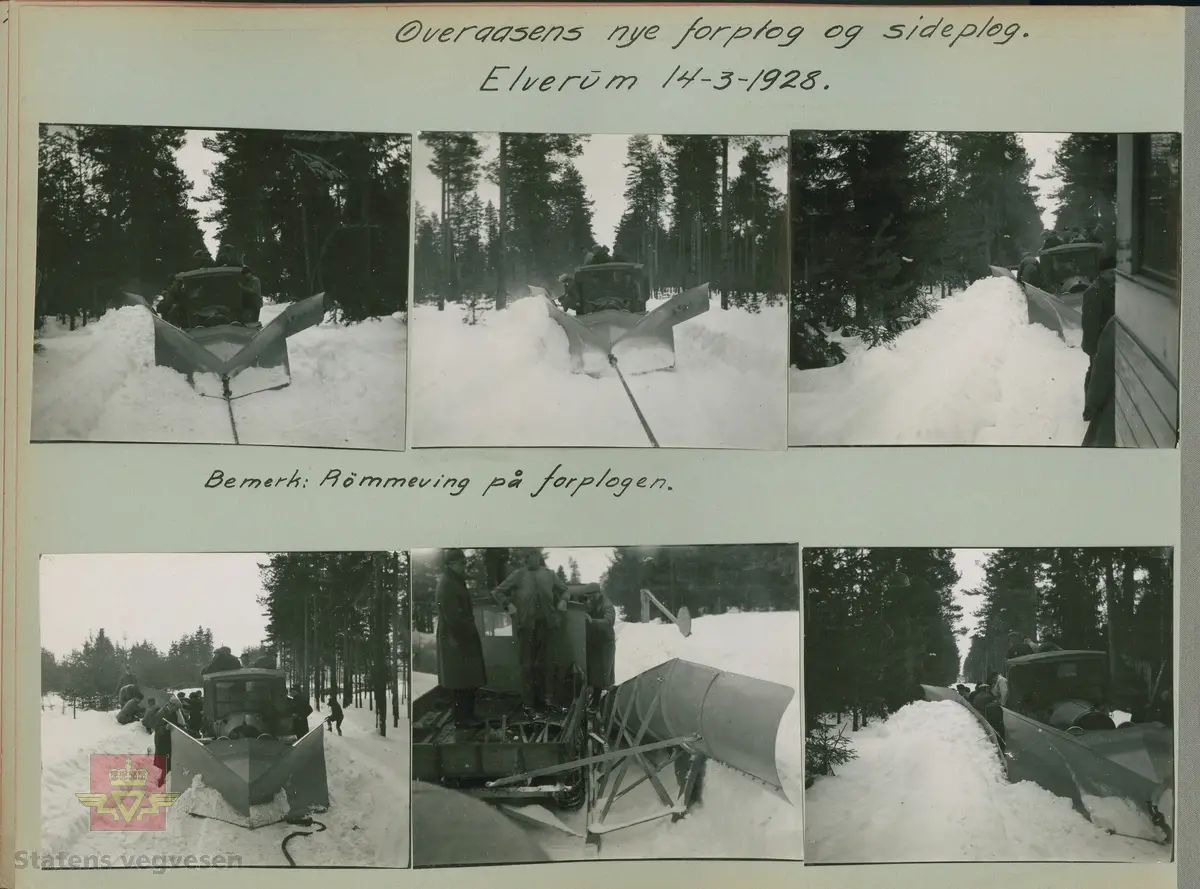 Bilde 1 og 2) Tekst som medfølger bildet: "Fotografier innkommet med Øveraasens skrivelse av 9/12-1927. Forplog med rømmevinger levert Gausdal Bilselskap. Plogen er 2,3 meter bred. 65 cm Foran, 1 meter bak hvor rømmevinger påsettes". 
Øveraasens forplog med rømmevinger påmontert Opel lastebil.  Opel var uvanlig som lastebil i Norge så tidlig, dette er en bil produsert før 1925.  Opplysninger til kjøretøyet gitt av Asbjørn Rolseth. 
Bilde 3) Bilde med tekst av Øveraasen skrivelse 9-12-1927.
Bilde 4) Dette er bilde fra album "Snebrøyting" 1918-1934 som er merket: "Øveraasens nye forplog og sideplog. Elverum 14.03.1928. Bemerk: Rømmmeving på forplogen." Mange menn er med på prøveforsøk av den nye plogen. 
Bilde 5) Bilde med tekst fra Øveraasens nye forplog og sideplog. Elverum 14-3-1928. 
Se NVM 00-F-33454 Relasjon og relaterte objekter  lenger ned på siden. Her står også opplysninger om lastebilen. 

Ref. til "Meddelelser fra Veidirektøren", Nr. 10- og Nr. 11-1931: "Snerydningen på våre veier vinteren 1930-1931". 
Ref. til "Meddelelser fra Veidirektøren", Nr. 3-1930,  "Snebrøytingsforsøk med 6-hjulere," av overingeniør N. Saxegaard.