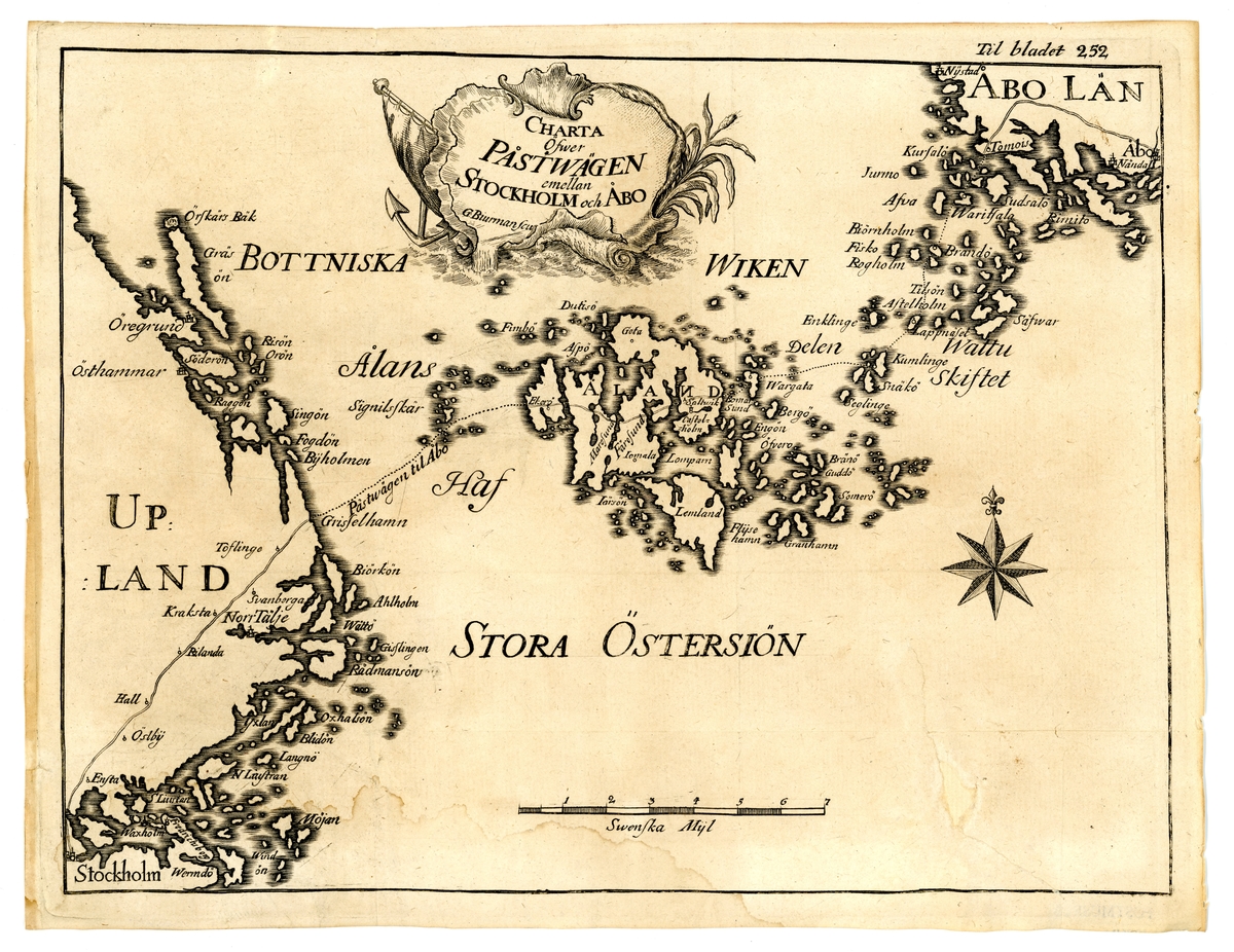 Karta över postvägen mellan Stockholm och Åbo i nuvarande Finland. Vägen gick via Grisslehamn och Eckerö på Åland. Kartan visar den uppländska kusten, ner till Stockholm i väster, och Åbolands skärgård i öster. I övre marginalen är tryckt "Til bladet 252".