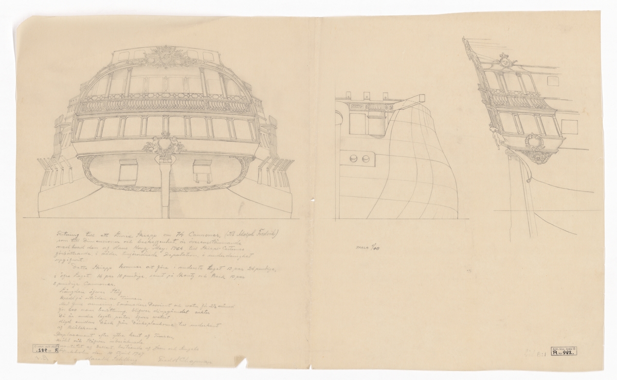 Skiss till kopia av originalritning till linjeskeppen GUSTAF III och ADOLF FREDRIK utförd av Jacob Hägg 1900. Originalet är daterat 1767 och signerat Fredrik Henrik Chapman och Harald Sohlberg. Akterspegel, akter med ornamentering