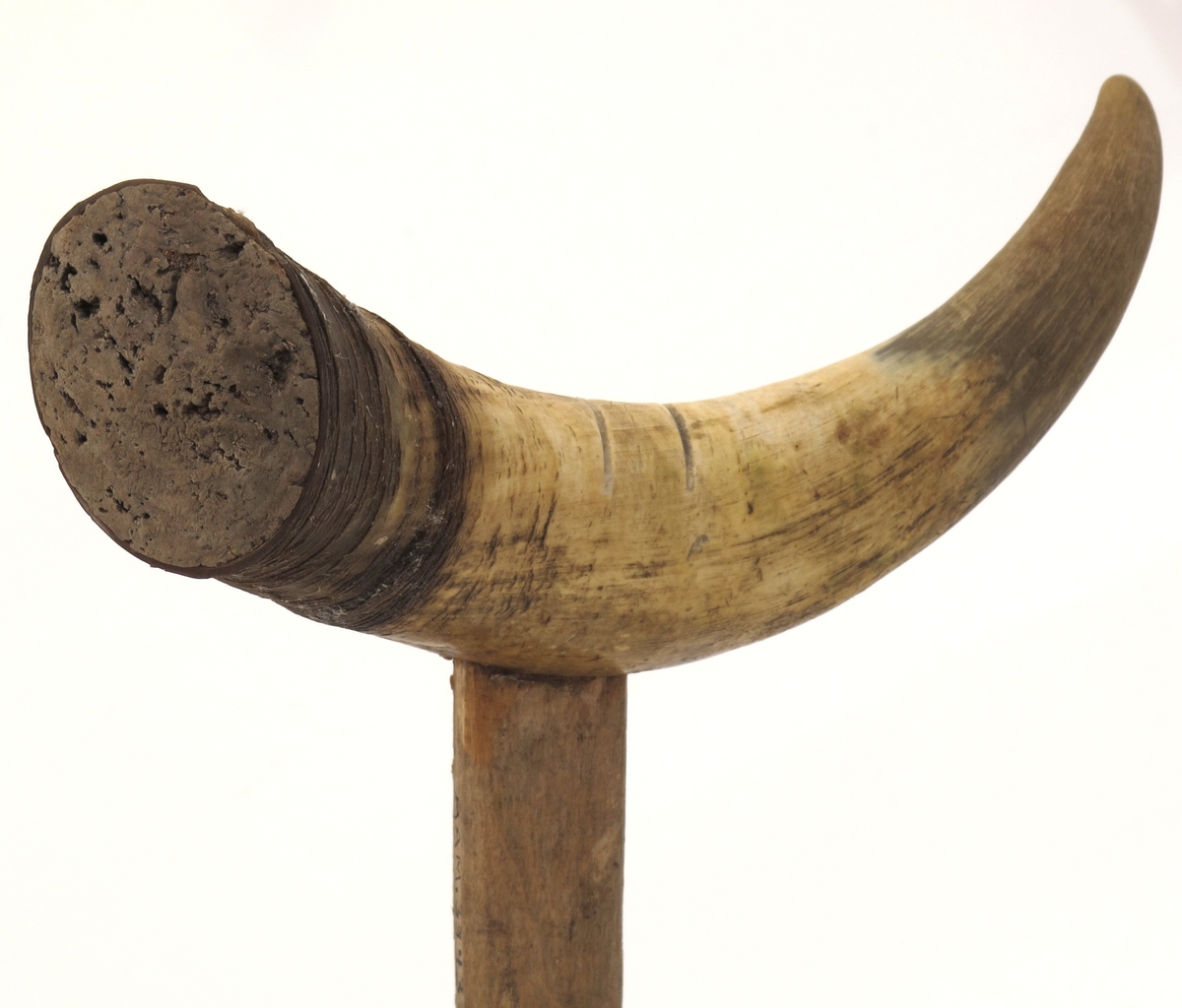 Horn tettet med kork i åpen ende, innfelt pinne for feste i båtripa.