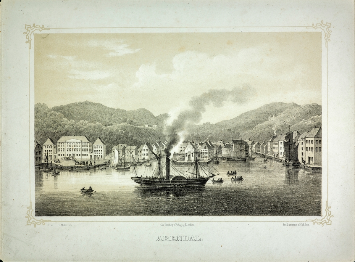 Vi ser byen fra Kalleviggården t.v., eller Kallevigs pale, med paviljongen, til ytre ende av Langbryggen, med en hjuldamper - "Prins Carl" eller "Constitutionen" på fjorden.