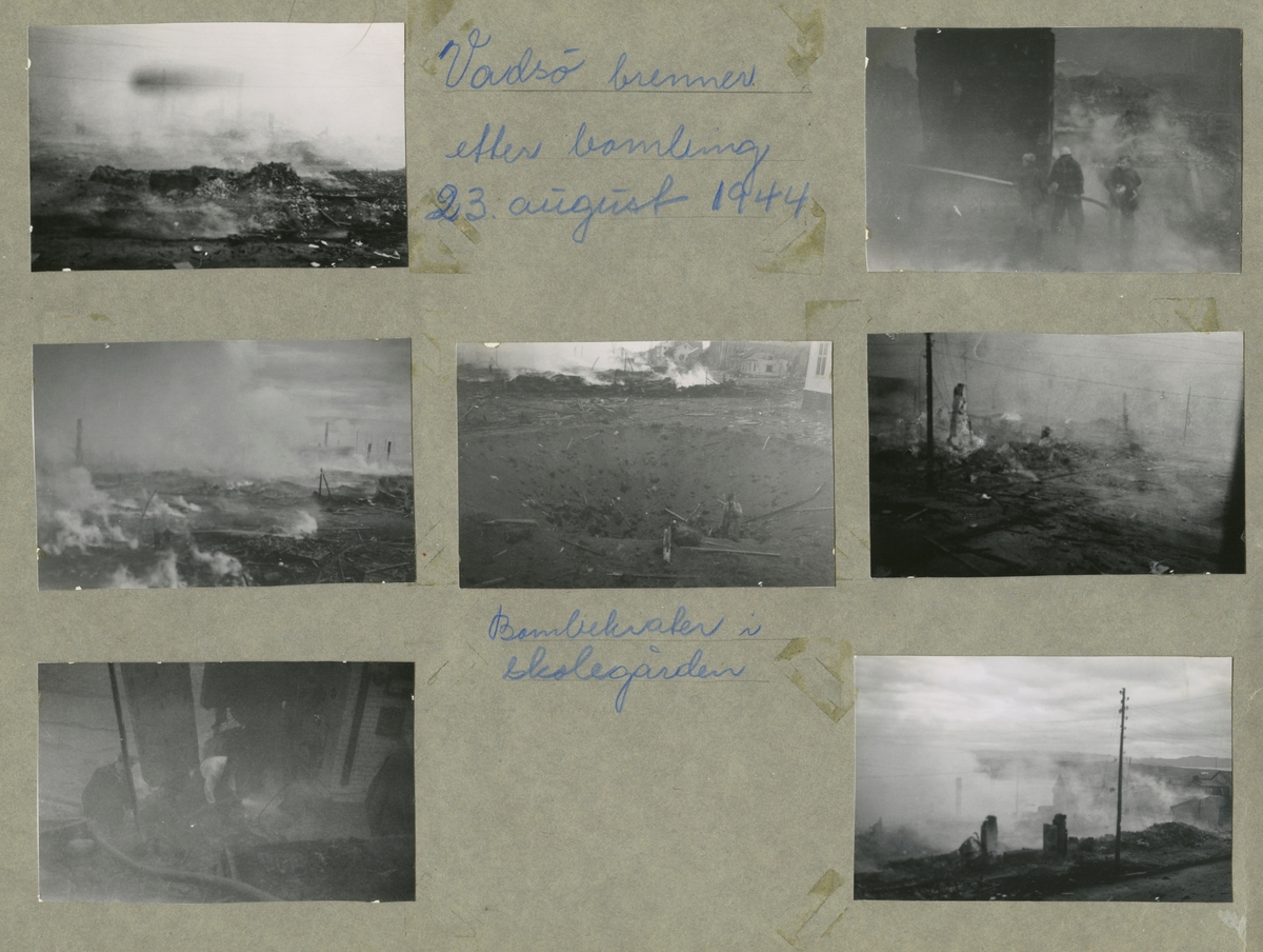 Bombekrater foran skolen i Vadsø etter storbombingen 23. august 1944.