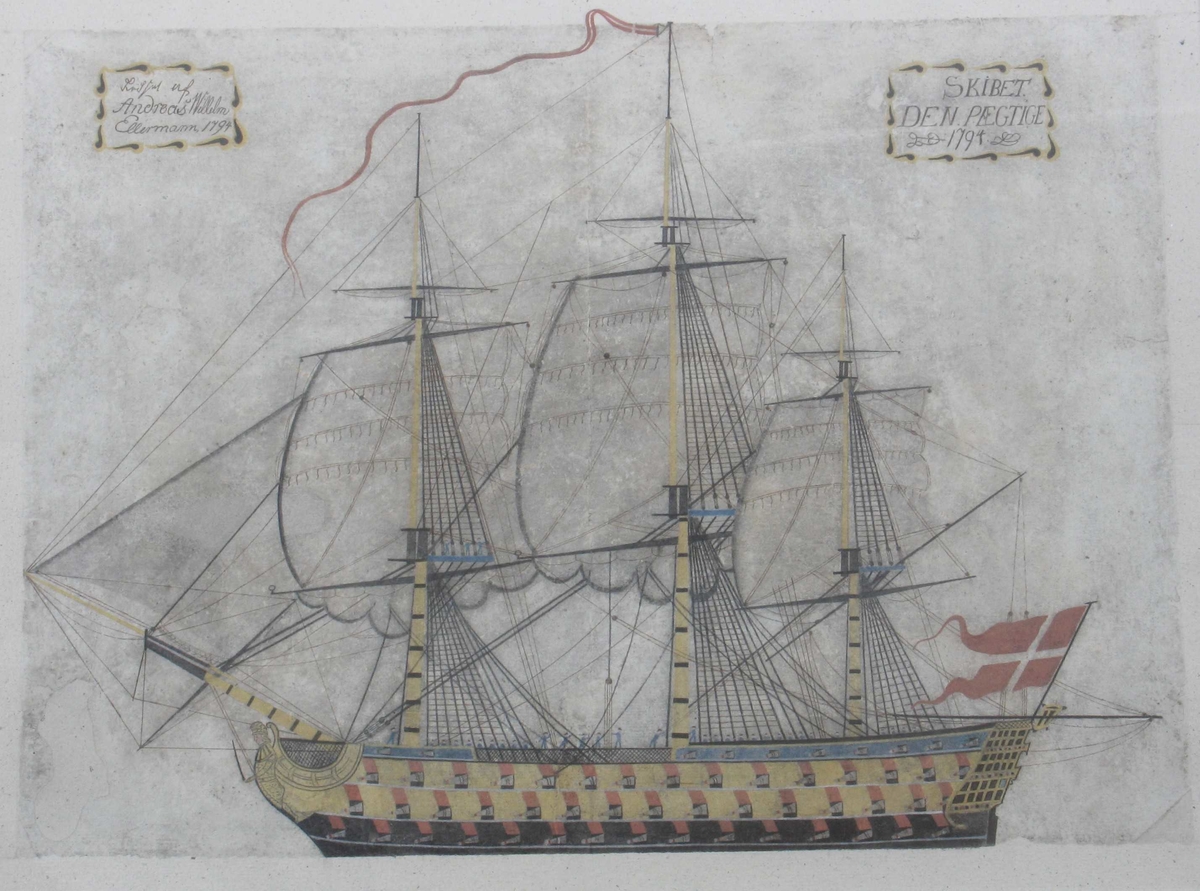 Dansk-norsk orlogsskip. Sideriss, babord side av fregattrigget fartøy med 3 hovedbatterier og skansebatteri, babord side har i alt 45 større og topper sorte. Sider, gallionsfigur gallerier og master gule, skansekledning og mers lyst blå. Dannebrog, flagg og stortt mannskap langs relingen, ved fallene og i forre mers. I innrammet feit øtv.: "  Ridsel af Andreas Willelm Ellermann, 1794. " (har vært tolket som "Lodset af", se gjenstandsoppi.) I innrammet felt øth.:  "SKIBET DEN PÆGTIGE (sic), 1794." 