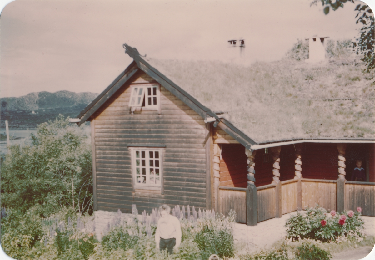 Prospektfotografi av et hus i sveitserstil med hage og skog rundt. Hjemmet til Ingvald Skjeldrup i Søvik. I hagen står Skjeldrup.
