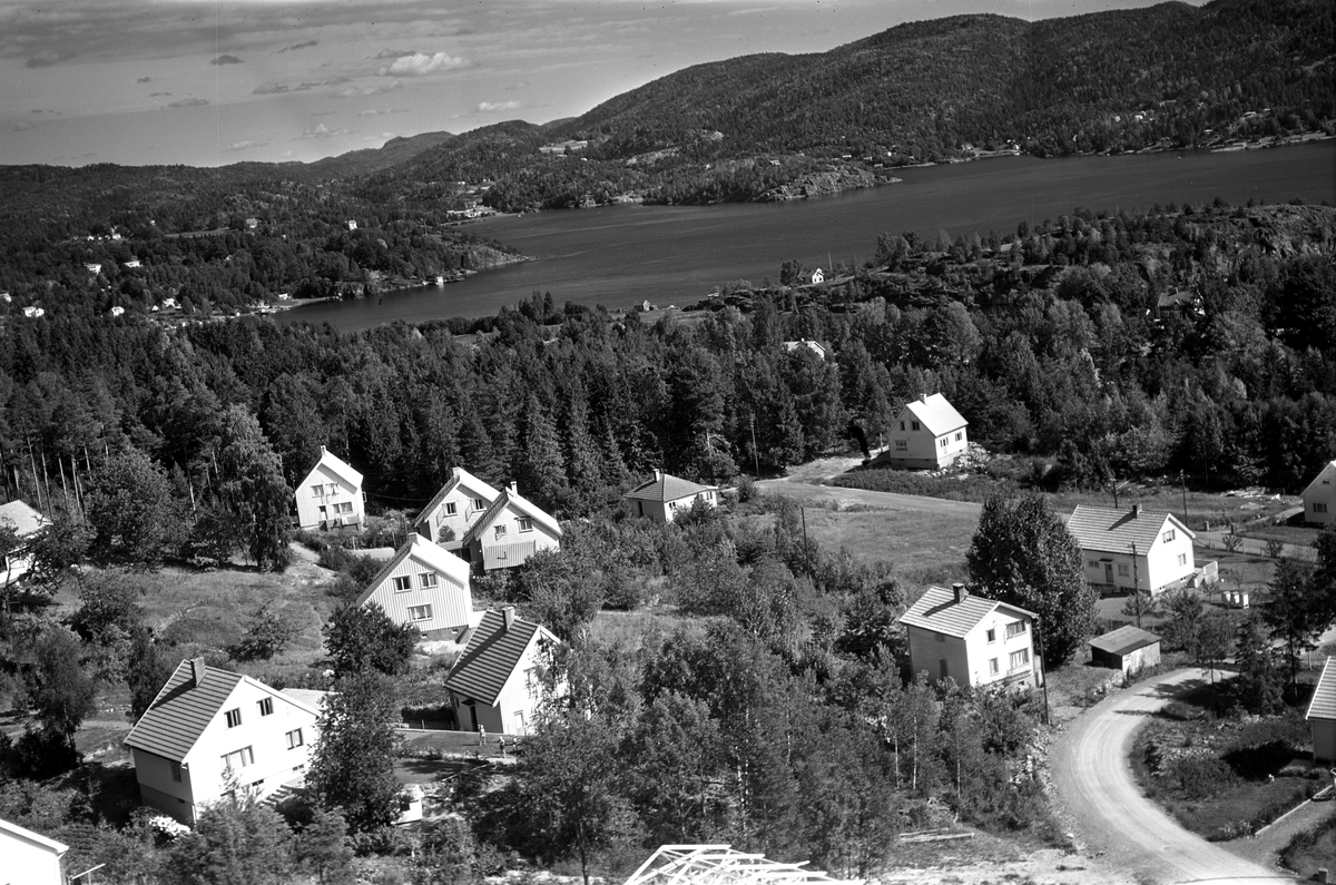 Flyfotoarkiv fra Fjellanger Widerøe AS, fra Porsgrunn Kommune. Løvsjø, Heistad. Fotografert av J. Kruse 08.08.1959.