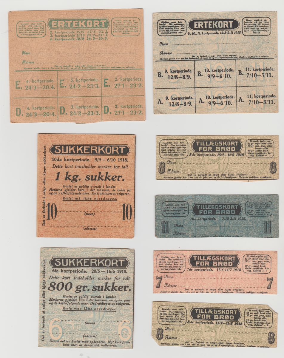 Ulike rasjoneringskort for sukker, kaffe, erter, fett, brød og korn, mel, såpe, kafferstatning.