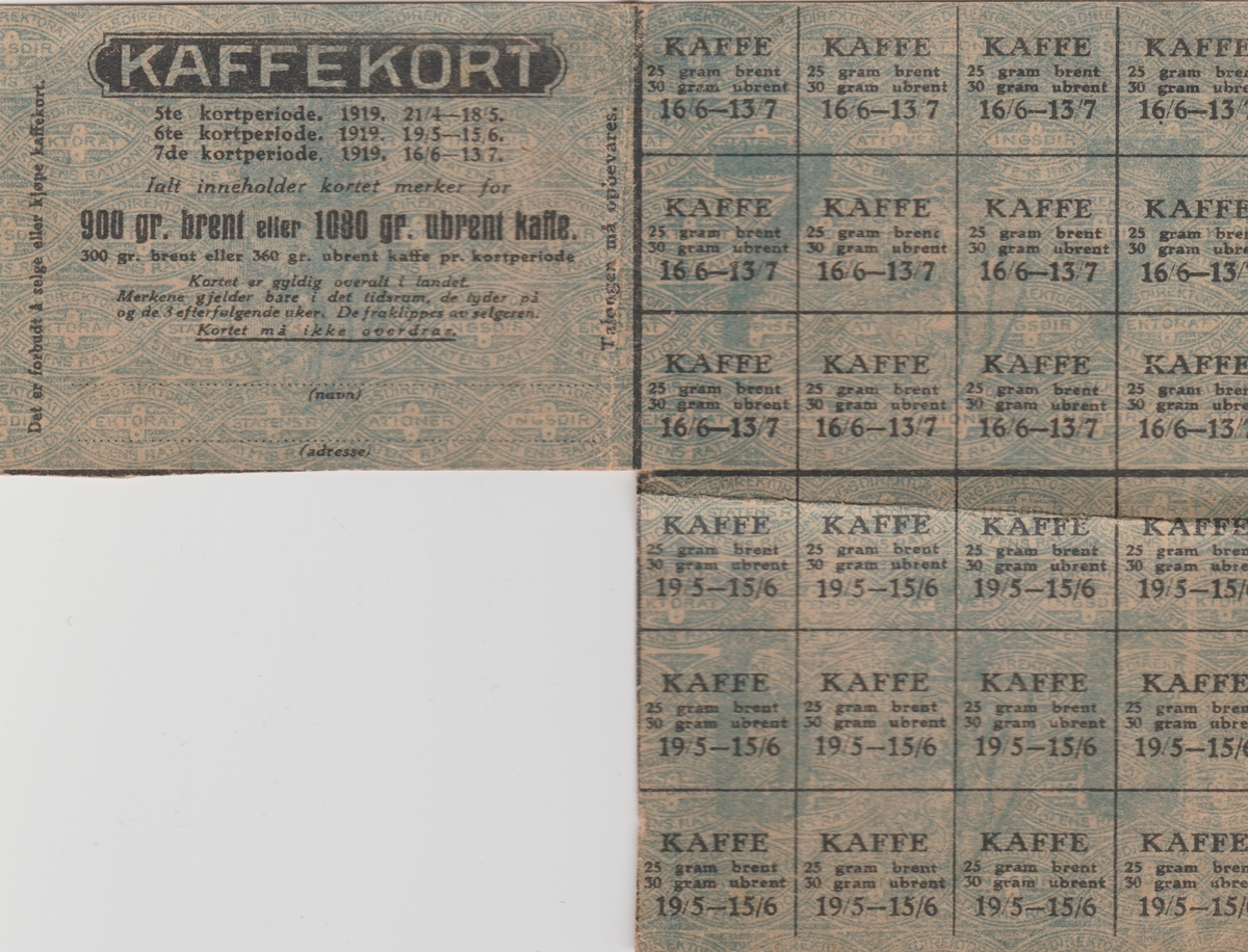 Ulike rasjoneringskort for sukker, kaffe, erter, fett, brød og korn, mel, såpe, kafferstatning.