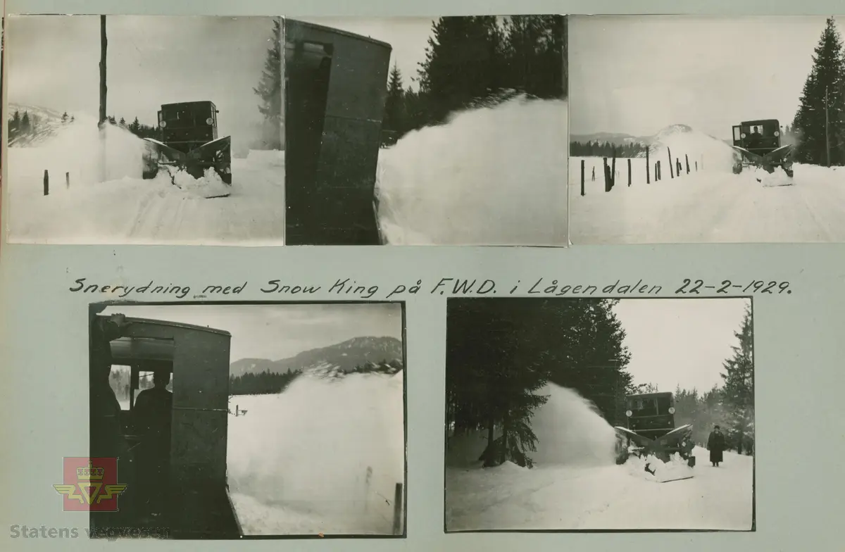 Bilde 1) Snow King påmontert FWD lastebil med registreringsnummer G-9110,  for utprøving av roterende snøplog.  Bildet er illustrert i "Meddelelser fra Vegdirektøren", Nr. 12-1928, jf. "Nyere snerydningsmetoder. Forsøk med roterende sneploger i Lågendalsruten. Av driftsbestyrer Sigurd Hagen. I artikkelen omtales to roterende ploger. Den ene roterende sneplog var den amerikanske "Snow King", anskaffet av og stillet til disposisjon for Lågendalsruten av Vestfold Fylkes Veivesen. Den andre en norsk utførelse, konstruert og forarbeidet av rutens reparatør, Ivar Høgsveen. 
Stortinget bevilget i 1924 midler til opprettelse av "statens forsøksbilruter" for bla. rute mellom Larvik og Kongsberg. Til ruta ble det innkjøpt 2 stk. FWD 25 seters omnibusser, 2 stk. kombinerte biler for 2,5 t gods og 6 passasjerer, samt 3 stk. 2 ton tilhengere (2 med lukket og 1 med åpent karosseri). Kilde: Meddelelser fra veidirektøren nr 2 - febr. 1926. 
Bilde 2) Helside i dette album viser Snow King påmontert FWD lastebil 1927-1928. 

Bilde 3) Viser til bilde NVM 00-F-33562 i albumet "Snebrøyting", og snørydding med Snow King påmontert  FWD i Lågendalen 22.02.1929. 
Bilde 4) Viser helside i album "Snebrøyting". 

Refererer til "Meddelelser fra Veidirektøren", Nr. 10- og Nr. 11-1931: "Snerydningen på våre veier vinteren 1930-1931".