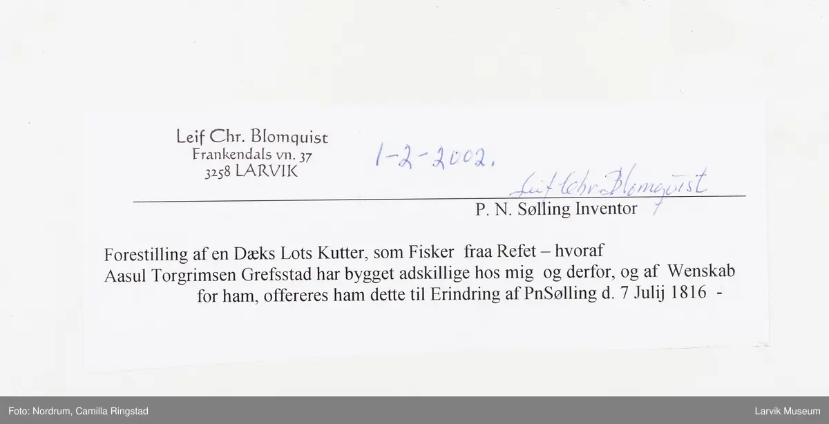 Søllingbåt. "Forestilling af en Dæks Lots Kutter, som Fisker fraa Refet". Ref. tekst bak på bildet.
