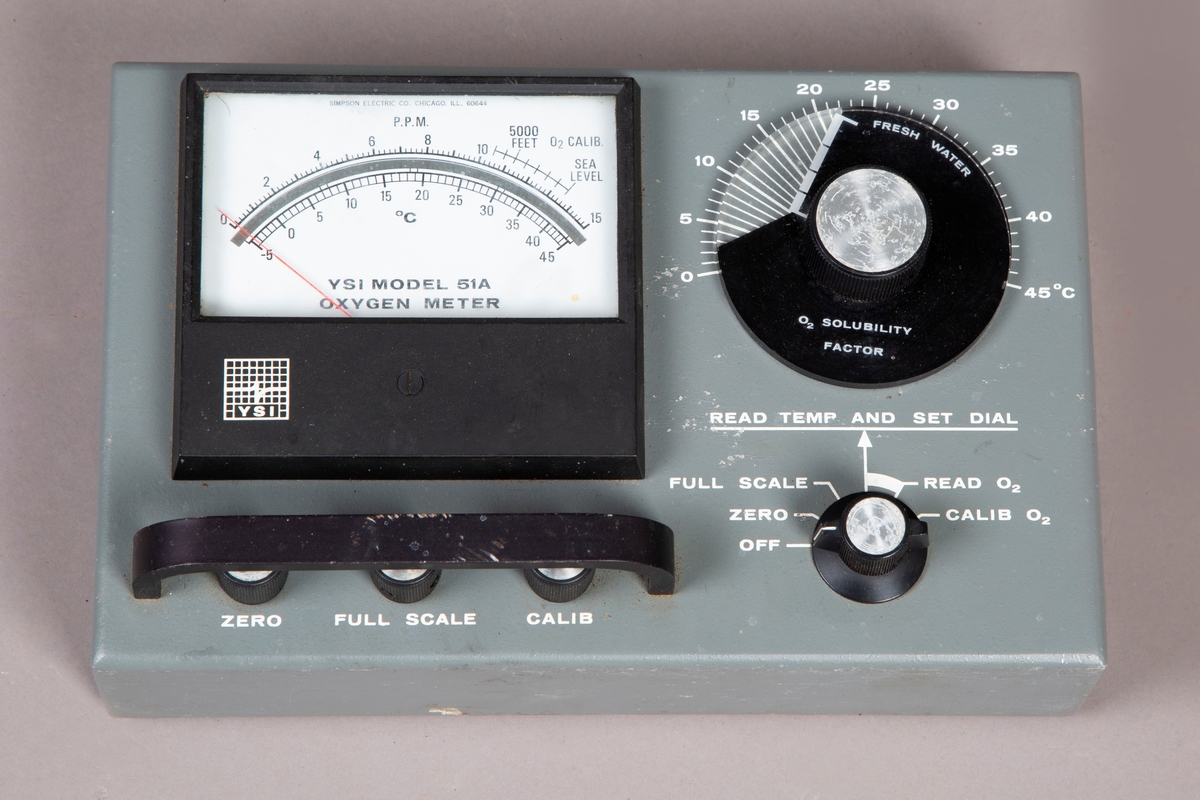 Bærbart meter for å måle oksygen i vann. 
Panel i front med vindu for avlesing av verdier  og justering av måleverdiger.