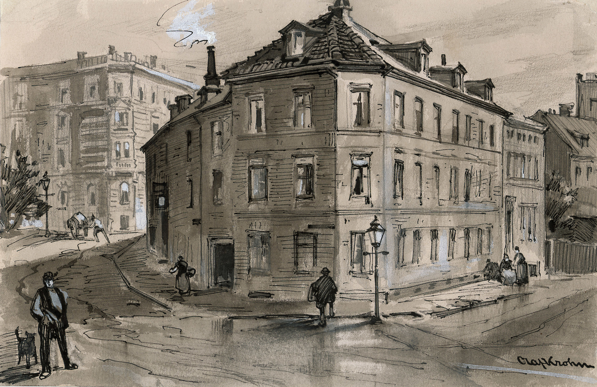 Det tre-etasjes huset på hjørnet er Nedre Vollgate 27 (senere inngått i Nedre Vollgate 19). Huset i bakgrunnen til venstre er Prinsens gate nr. 26. Nede i venstre hjørnet står en mann med en hund. Oppe i Sverdfegerbakken triller en mann en kjerre.