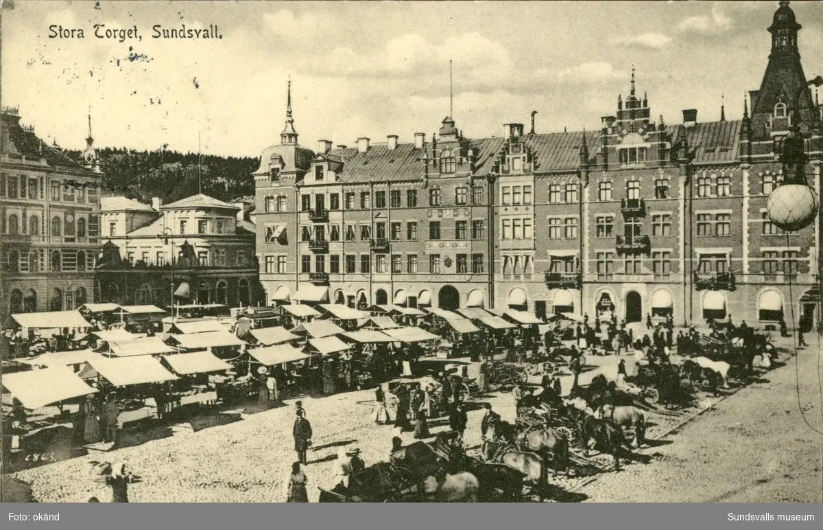 Vykort med motiv över Stora torget i Sundsvall.