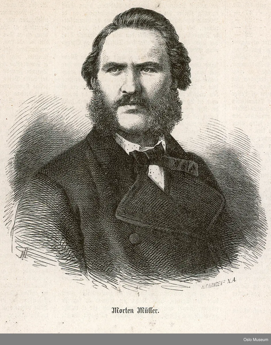 Brystbilde, kroppen 1/2 venstre profil, hodet en face. Baoverstrøket, fyldig hår, kinnskjegg og mustasje. Høy panne, smale øyne, fyldig munn. Kledd i tidens drakt.