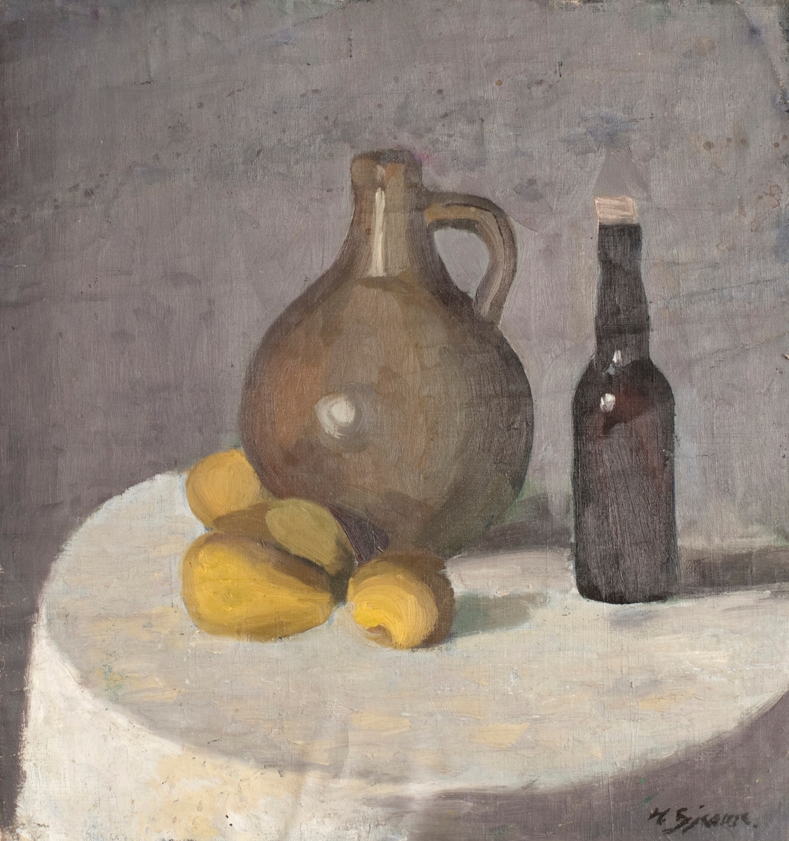 Stilleben med mugge, flaske og frukt