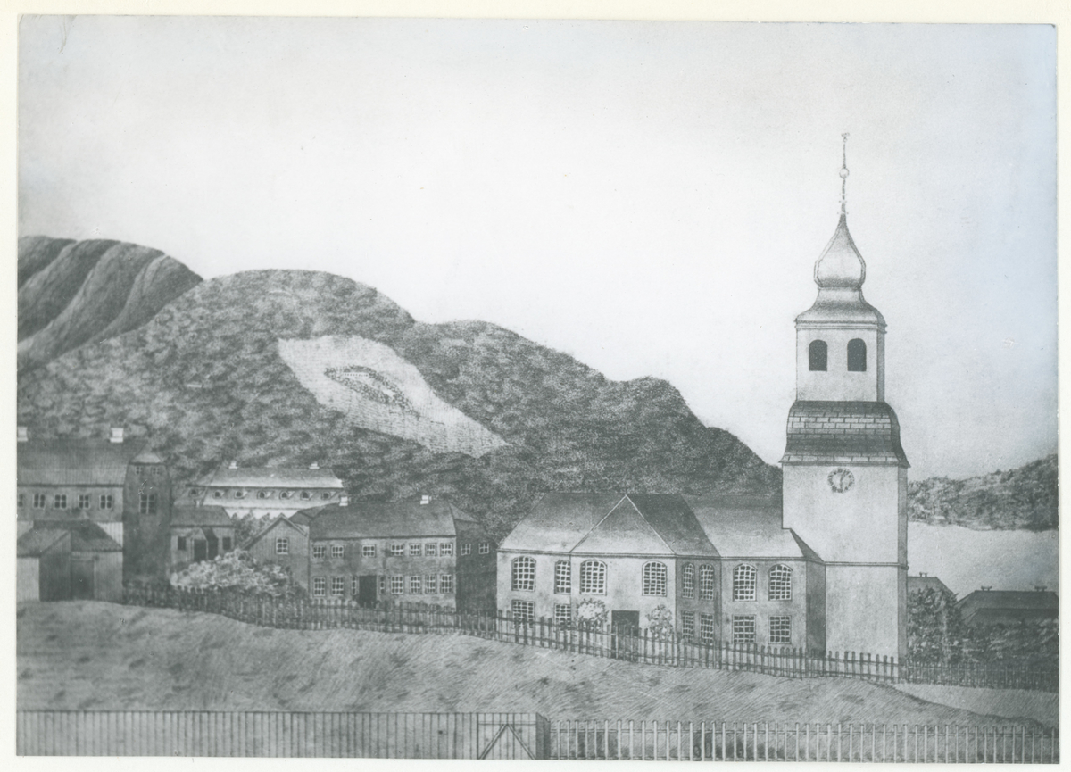 Moss kirke. 
Detaljer: Tegnet fra Skoggata. Deler av den gamle Enggaden på baksiden. 
Historikk: Byens andre kirke. Ble oppført i 1779. Den brant ned i bybrannen av 1858.