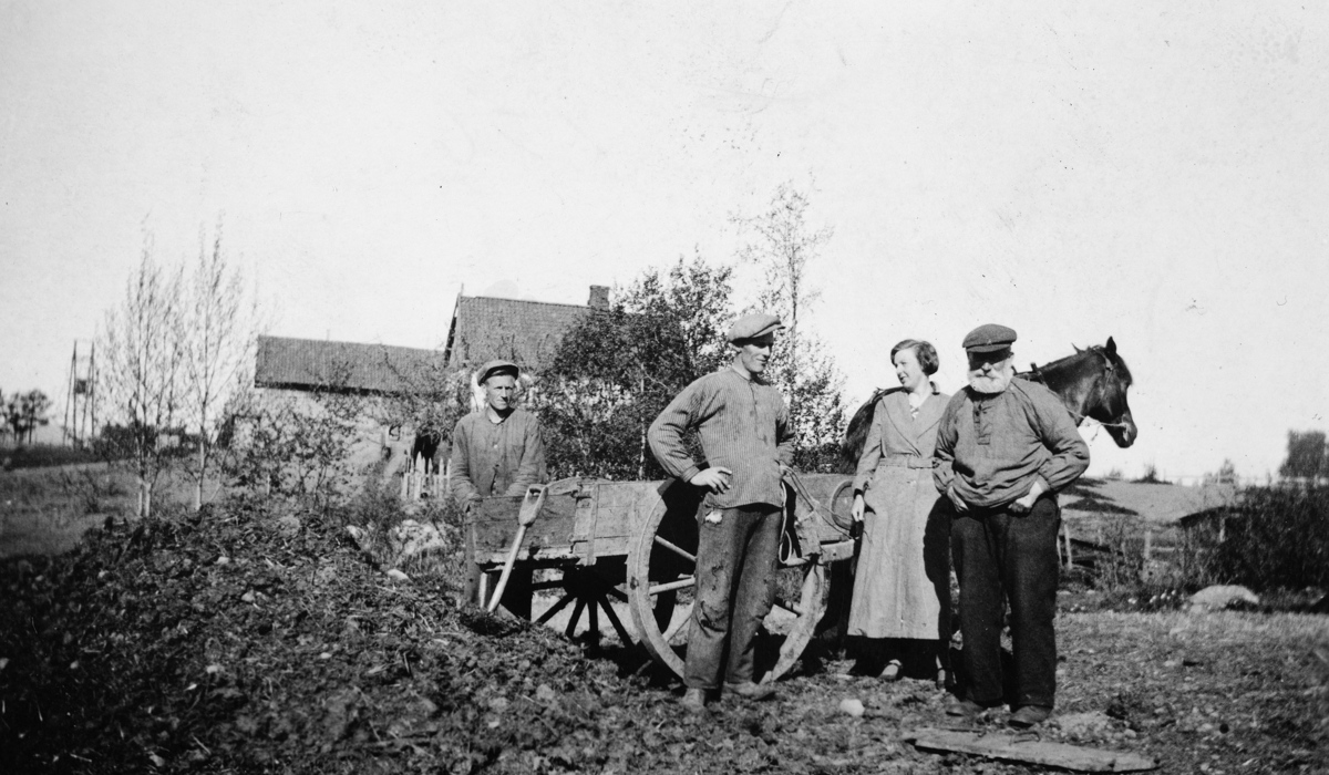 Våronn,møkkkjøring , gjødsling, hest, kjerre, hestekjøretøy. Myre i Ottestad, 1936. F.v. Oskar Myhre, Aksel Myhre, Tilla Myhre, Theodor Hagelund.