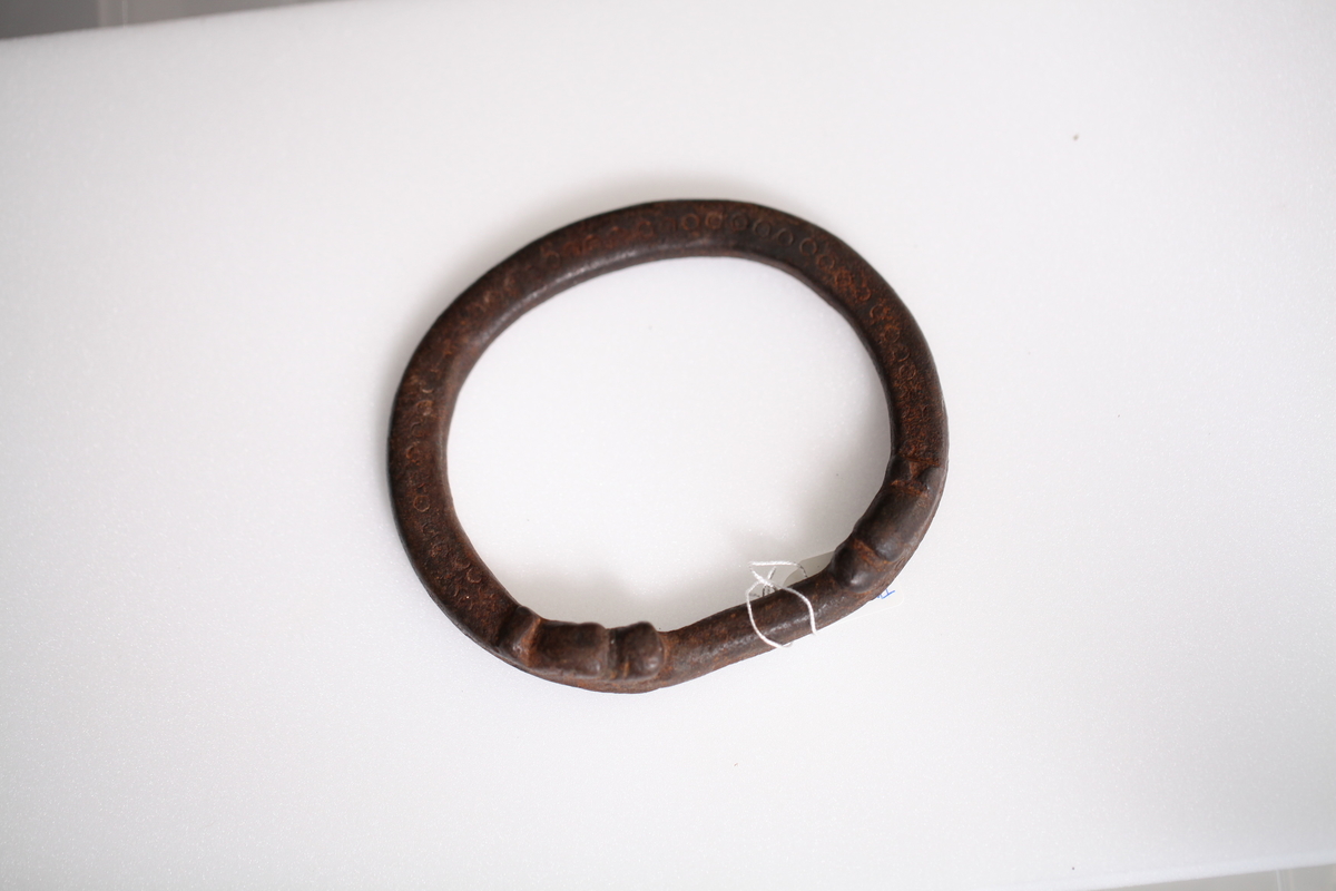 Oval, glatt smidd ring. To dyrehoder (ormehoder) vender mot hverandre og i munnen holder de ringen. Innslåtte ringer rundt på dørringen.