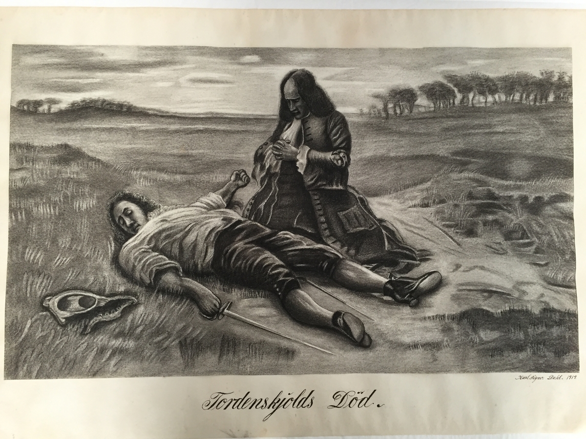 Tegningen viser Tordenskiolds død i 1720. Ved hans side sitter Kammertjener Christian Kold.