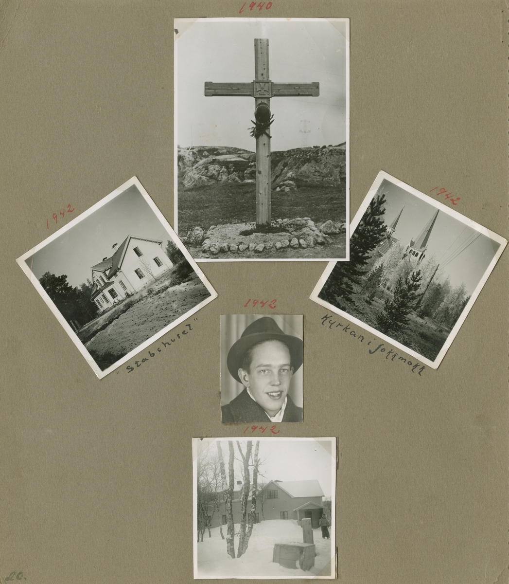 Minnen från luftbevakning i Tellejåkk under beredskapen, 1942. Fotoalbum om fem blad och tio sidor.

Foton av miljöer, förläggning, luftbevakningstorn, personer, luftbevakerskor i uniform, landskap, aktiviteter, renar och samer.