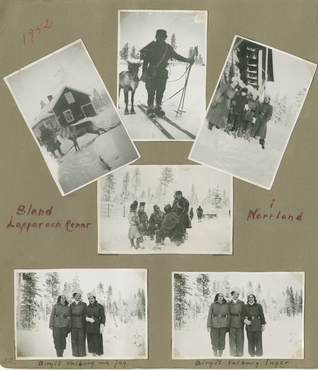 Minnen från luftbevakning i Tellejåkk under beredskapen, 1942. Fotoalbum om fem blad och tio sidor.

Foton av miljöer, förläggning, luftbevakningstorn, personer, luftbevakerskor i uniform, landskap, aktiviteter, renar och samer.