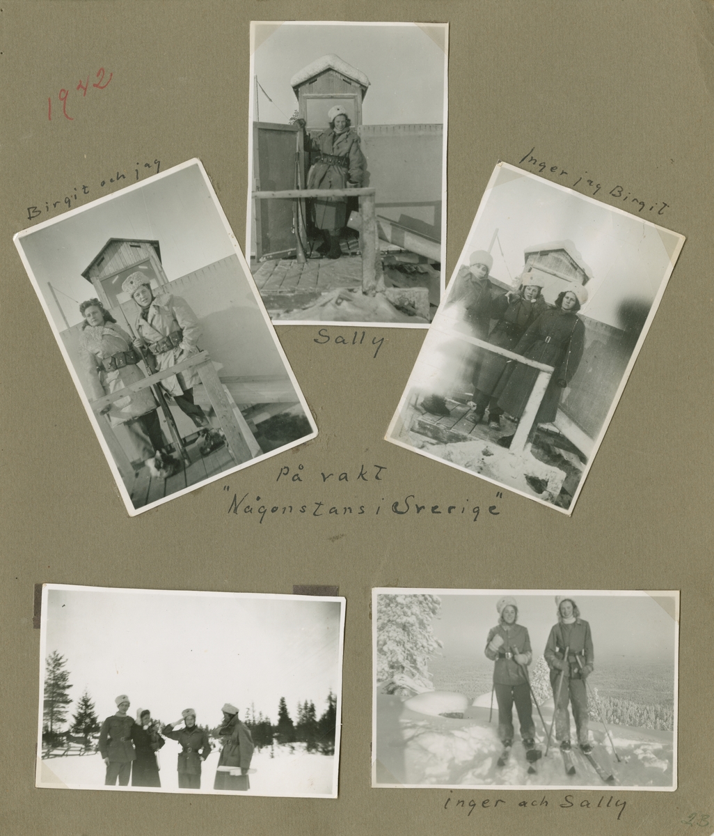 Minnen från luftbevakning i Tellejåkk under beredskapen, 1942. Fotoalbum om fem blad och tio sidor.

Foton av miljöer, förläggning, luftbevakningstorn, personer, luftbevakerskor i uniform, landskap, aktiviteter, renar och samer.