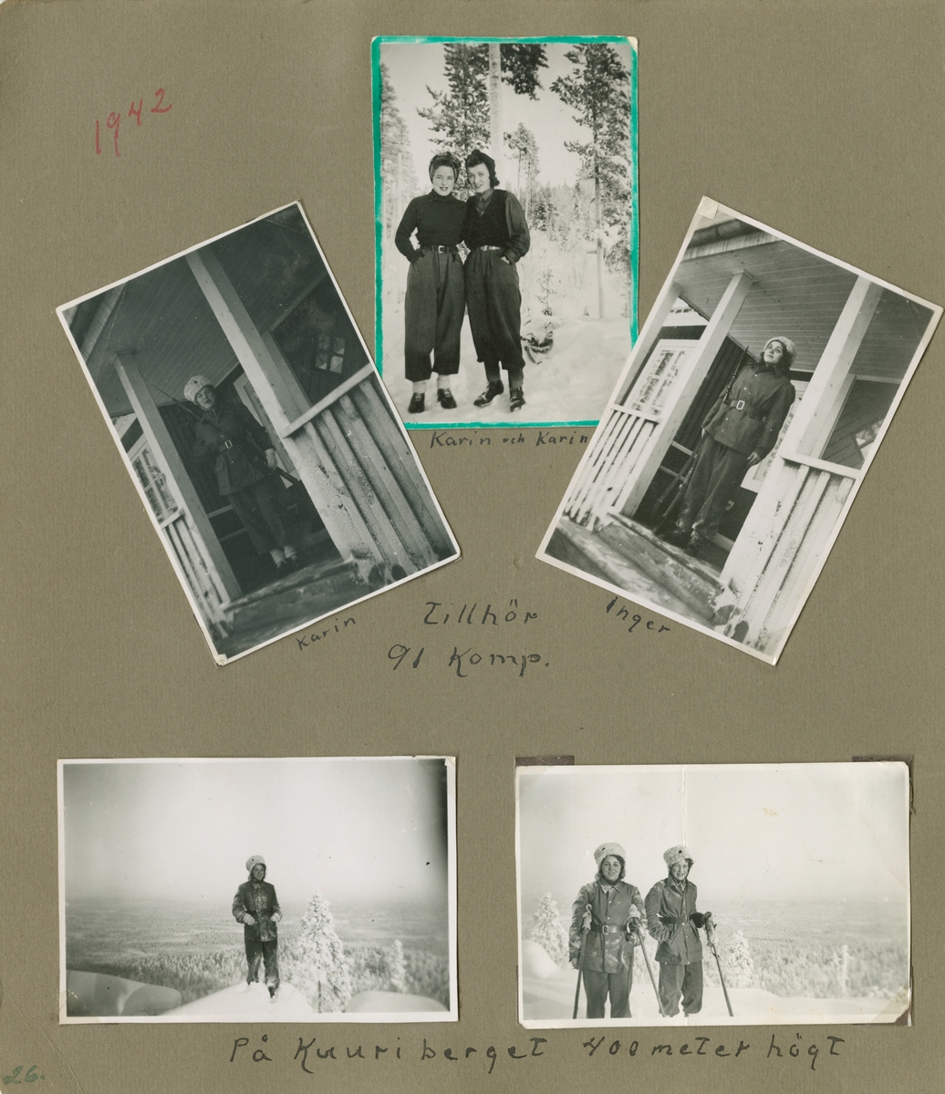 Minnen från luftbevakning i Tellejåkk under beredskapen, 1942. Fotoalbum om fem blad och tio sidor.

Foton av miljöer, förläggning, luftbevakningstorn, personer, luftbevakerskor i uniform, landskap, aktiviteter, renar och samer.