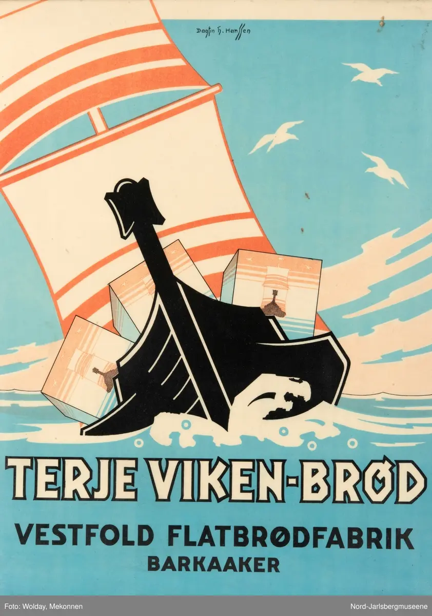 Plakat med bilde av en seilbåt (vikingbåt) i fart fylt med Terje Viken- brød
