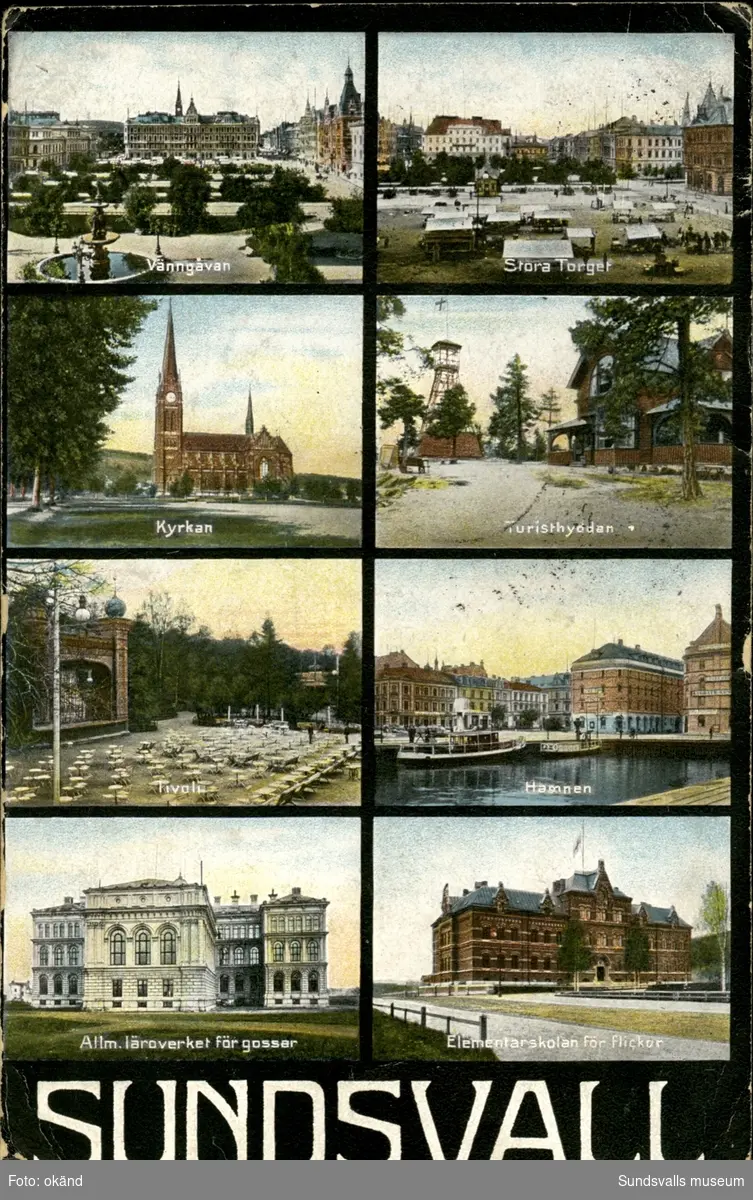 Vykort med motiv över Vängåvan, Stora torget, Kyrkan, Turisthyddan, Tivoli, Hamnen, Allmänna läroverket och Elementärskolan i Sundsvall.