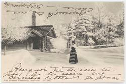 Vykort med motiv från Skansen. Morastugan