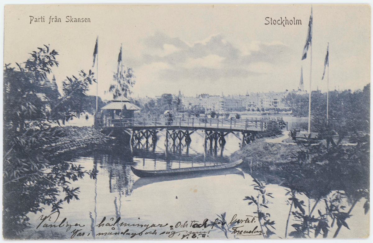 Vykort med motiv från Skansen. "Parti från Skansen." Skansens entré nedanför Skånska gruvan. Biljettkontor.