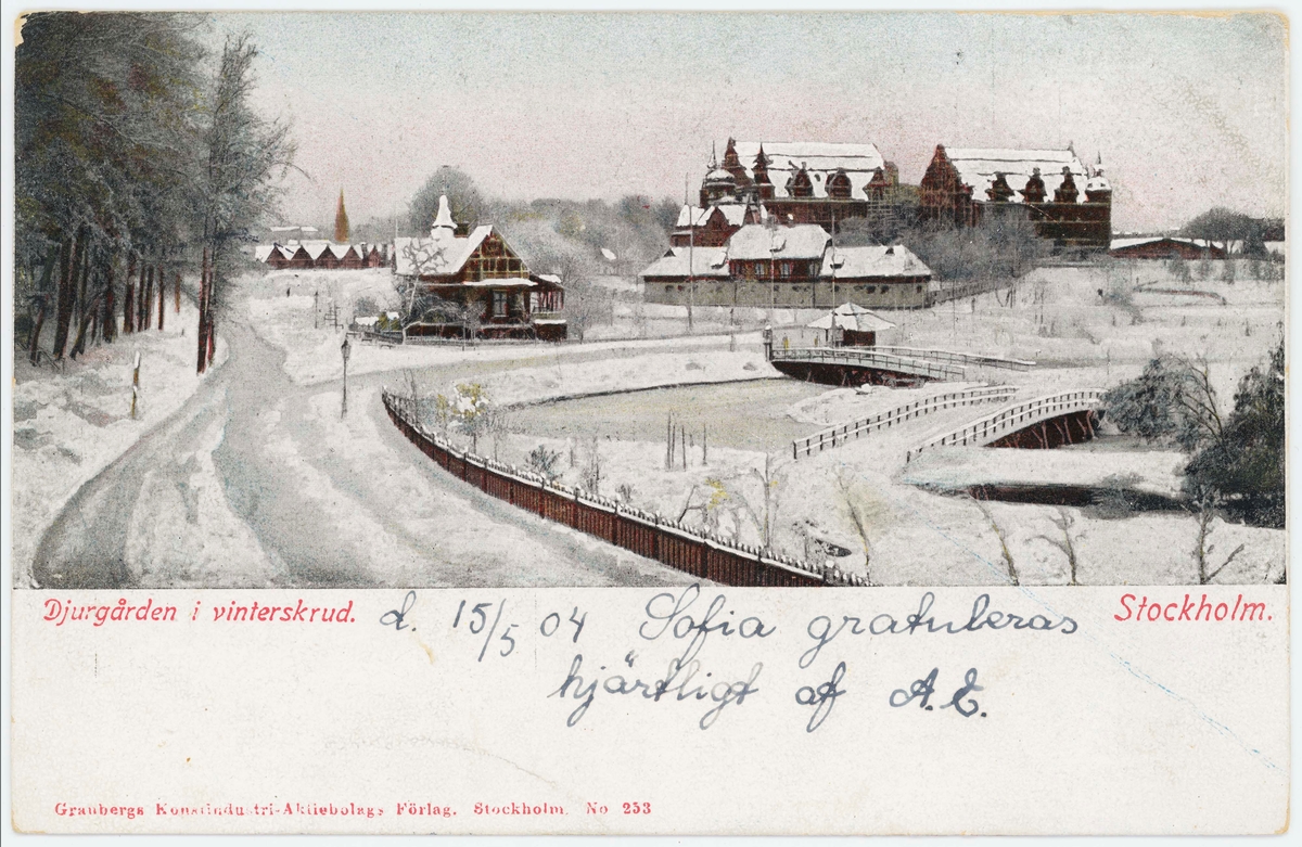 Vykort med motiv från Skansen. "Djurgården i vinterskrud." Vy över villa Lusthusporten och Nordiska museet (ej färdigbyggt). och biljettkiosk.