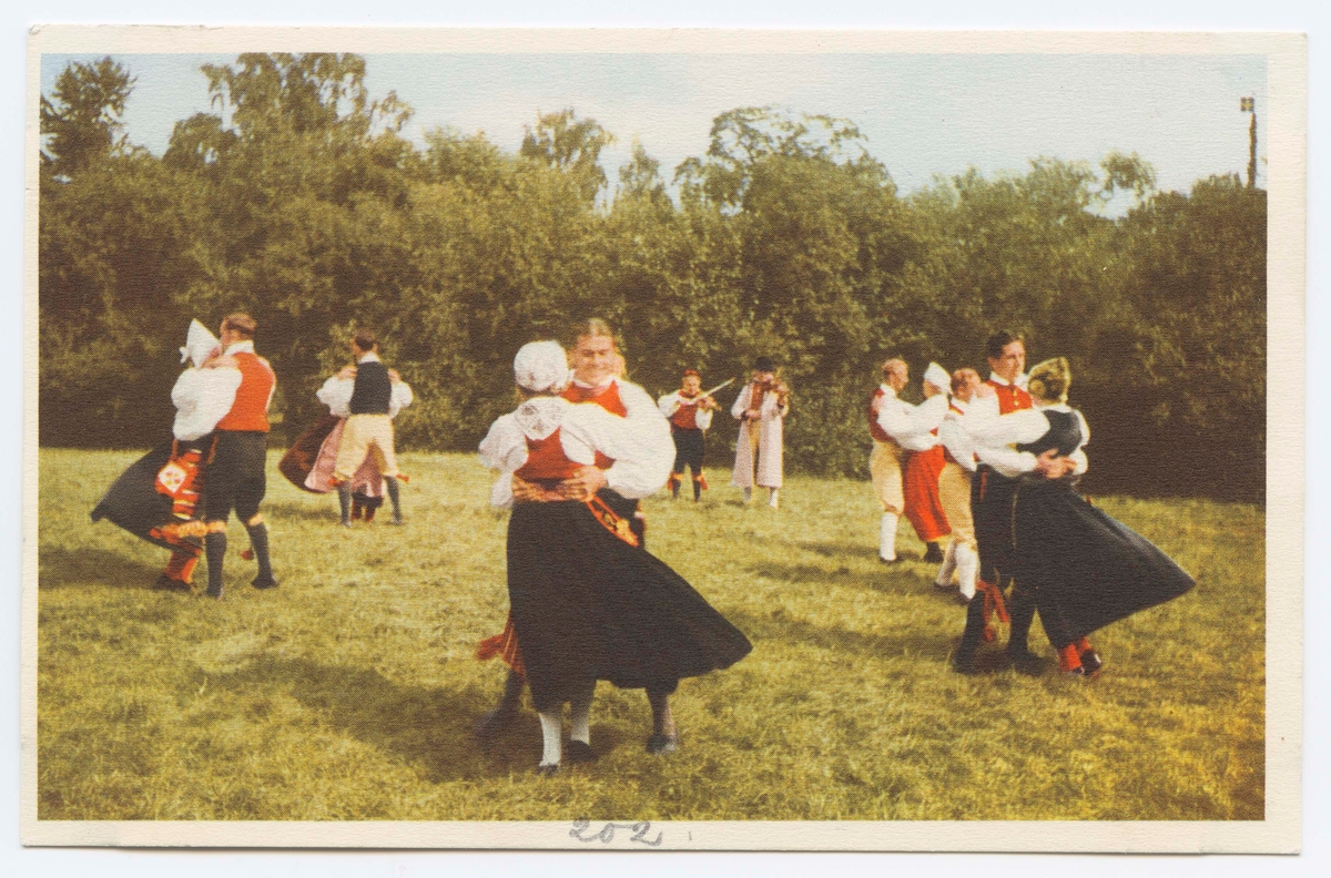 Vykort med motiv från Skansen. "Skansens folkdanslag. Hambopolska."