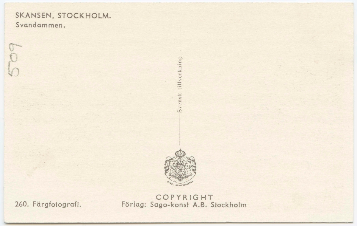 Vykort med motiv från Skansen. Svandammen på vintern.