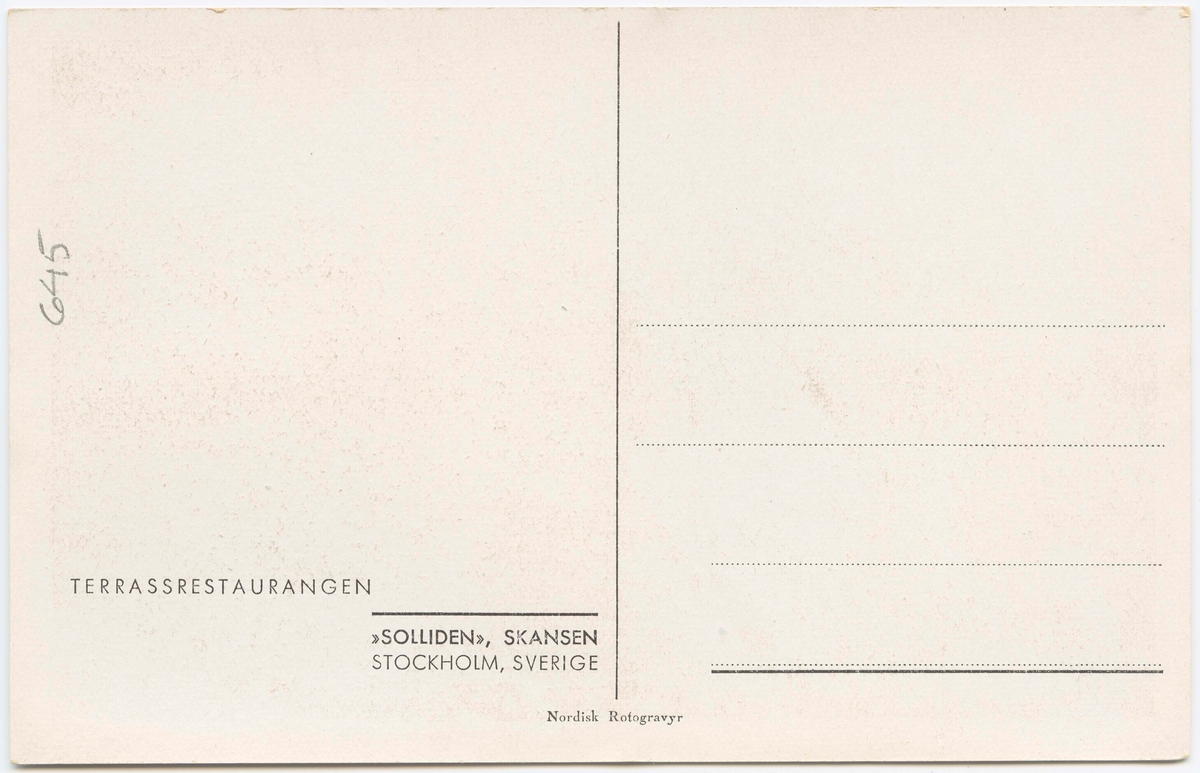 Vykort med motiv från Skansen.  "Terrassrestaurangen, 'Solliden', Skansen." Musikpaviljong från Kronobergshed i Småland som tillhört Kronobergs regemente.