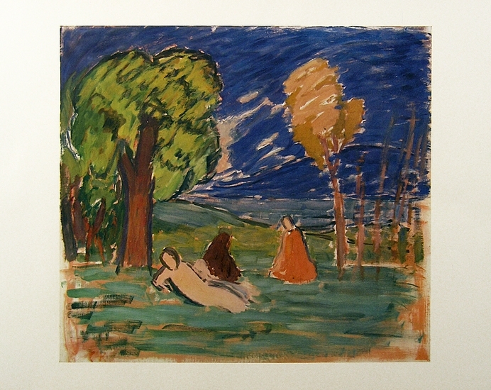 Litografi av Carl Kylberg, som ingår i en grafikmapp med 10 onumrerade litografier med biografi av Gustaf Näsström - från 1953. Motiv: Landskap, ,träd, samt två sittande personer och en person som halvligger.