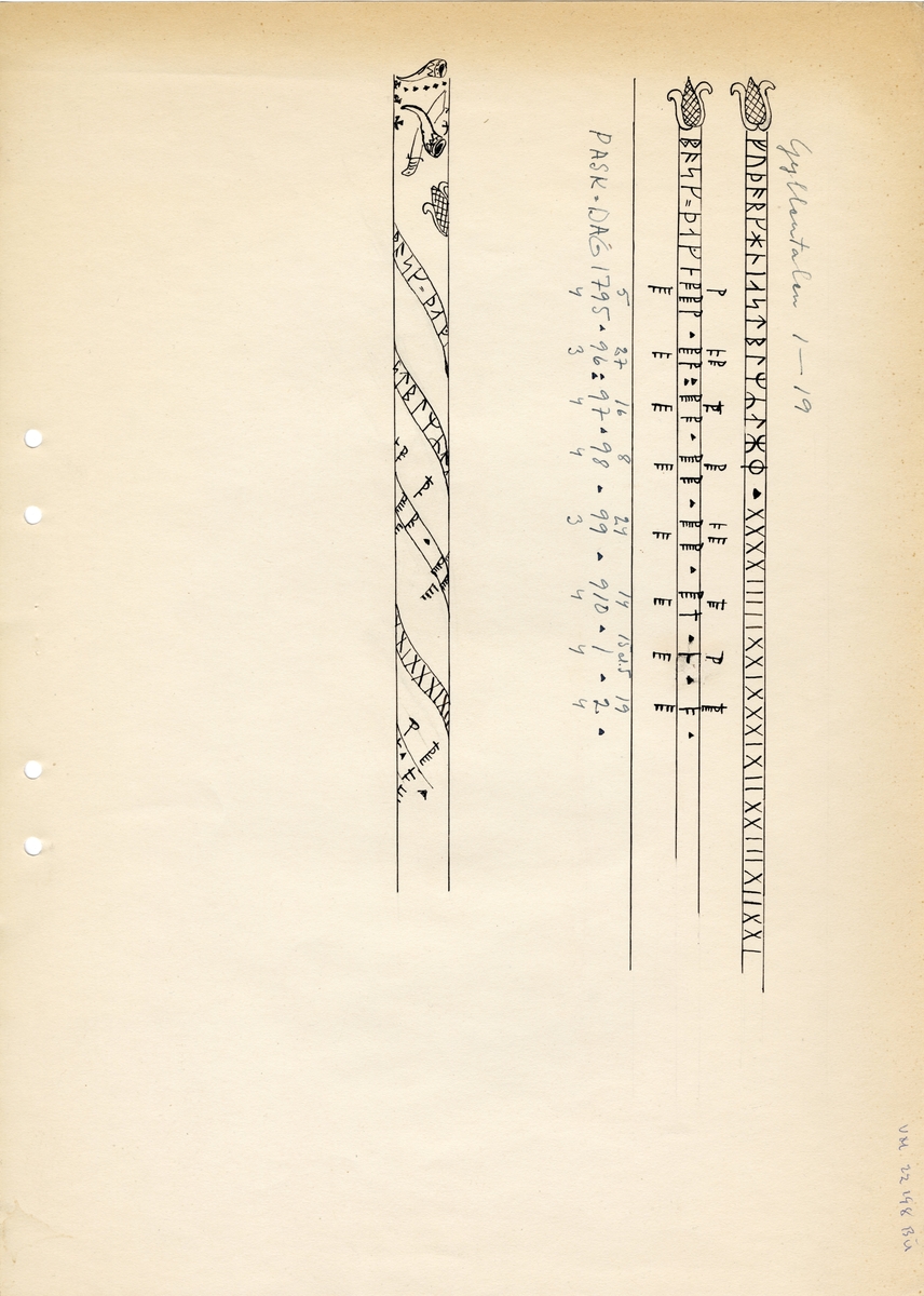 Av trä, med yxhuvud av pärlemorinlagd metall. Längs staven en runkalender med gyllental från och med 1795.
Mått: Yxa 135 mm.