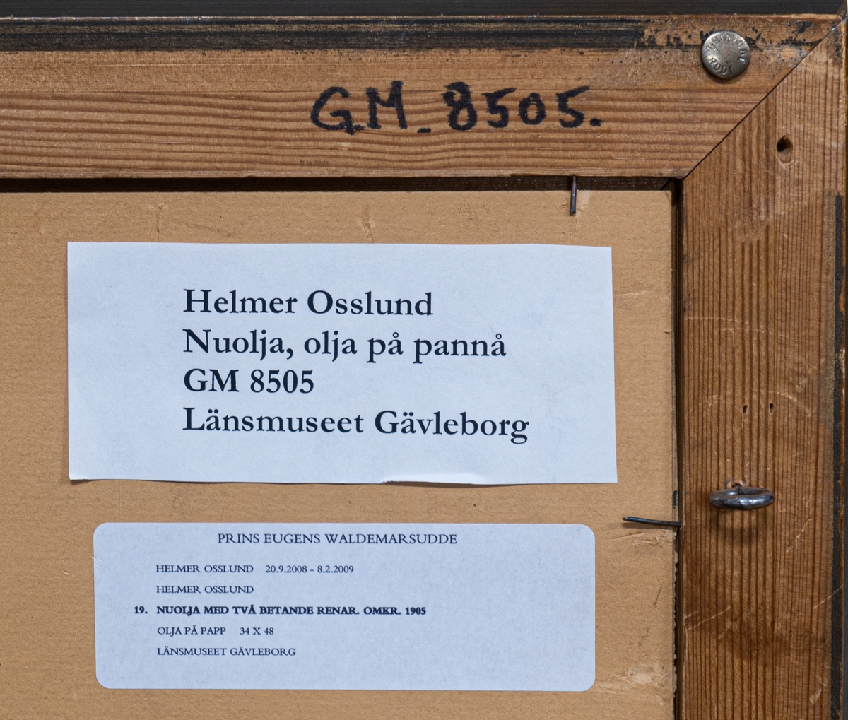 Landskapsbild med fjället Nuolja, delvis snötäckt. I förgrunden två betande renar.
