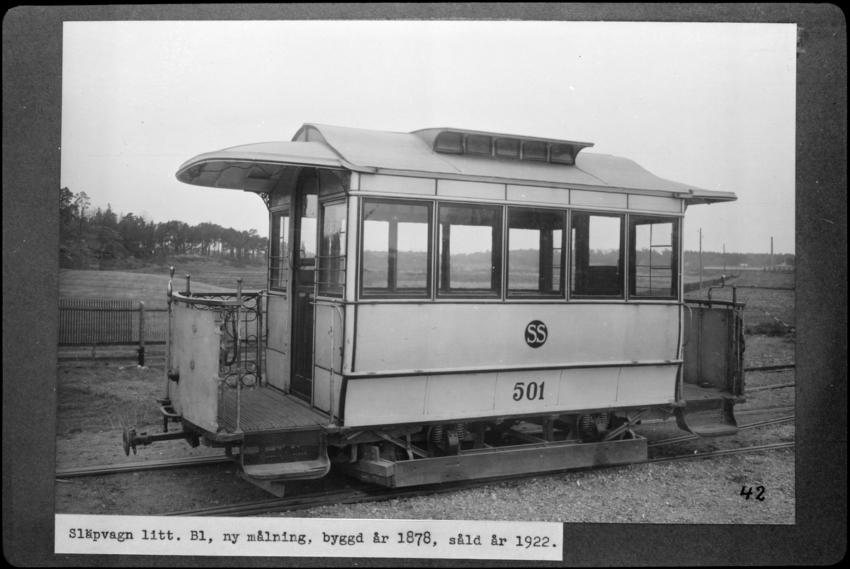 Aktiebolaget Stockholms Spårvägar, SS B1 501, tillverkad år 1878. Tidigare Stockholms Nya Spårvägsaktiebolag, SNS B5 201, ursprungligen täckt hästspårvagn Stockholms Nya Spårvägsaktiebolag, SNS 1-35.
Vagn 501 var en museivagn från 1919, möjlig för hästdrift, typ Bo.