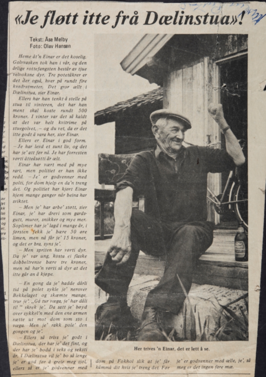Einar Kristiansen, bygdeorginal, "Dæhlistuen" 1900-1983, Ottestad. Portrett, malt av Anne Marie Hveen, 1981.