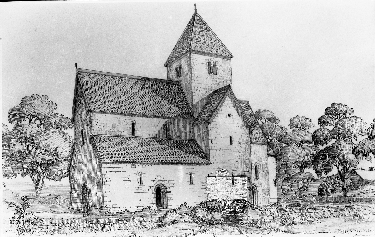 Avfotografert tegning av en gammel utgave av Hoff kirke i Østre Toten. Seks identiske bilder.