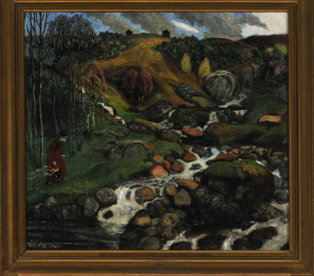 Vårlandskap med drivende skyer. En bekk med mange forgreninger strømmer mot forgrunnen. En gammel kone i rød kjole bærer en svart gryte fylt med glør som det ryker av. 