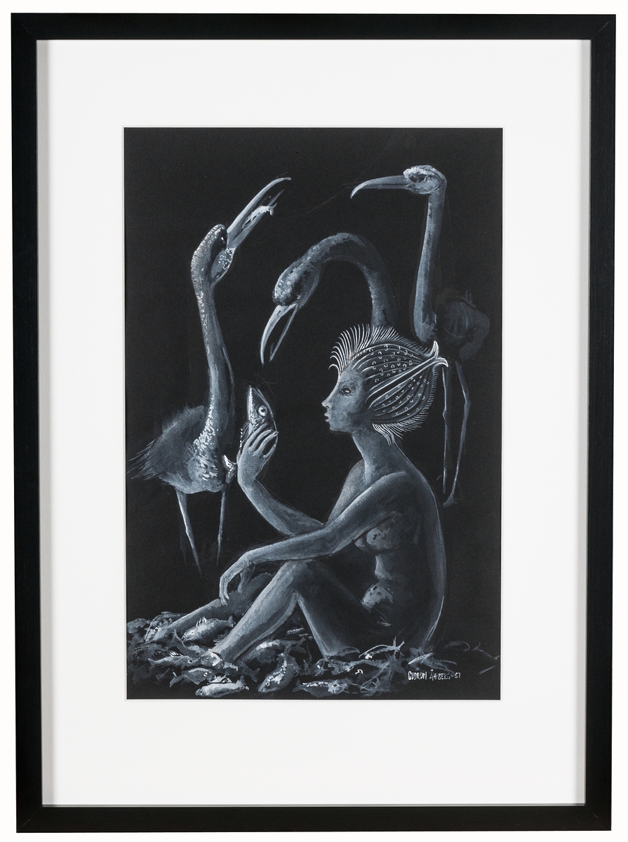 Gouachemålning av Gudrun Åhlberg, 1951. Okänd titel. Motivet påminner om Åhlbergs oljemålning Undine, vattennymfen, XLM.41657. Oramad vid gåvotillfället. Ny ram 2018.