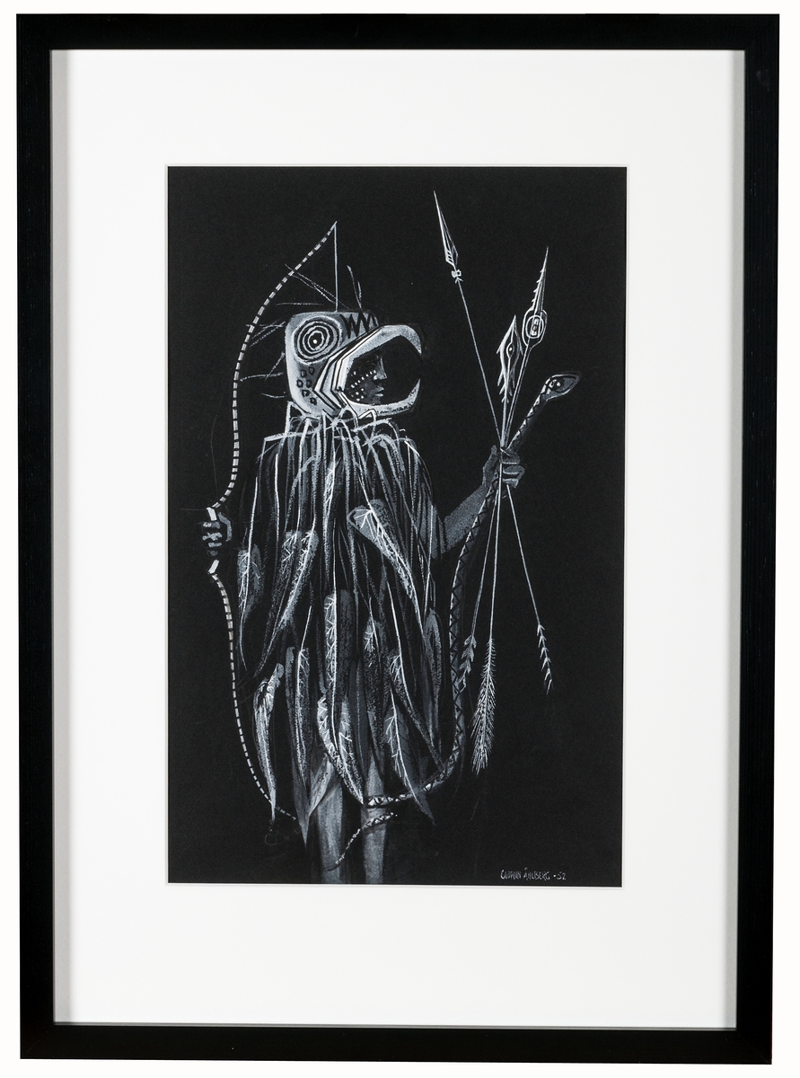 Gouachemålning av Gudrun Åhlberg, "Den store krigaren", 1952. Titel på papprets baksida. Oramad vid gåvotillfället. Ny ram 2018.