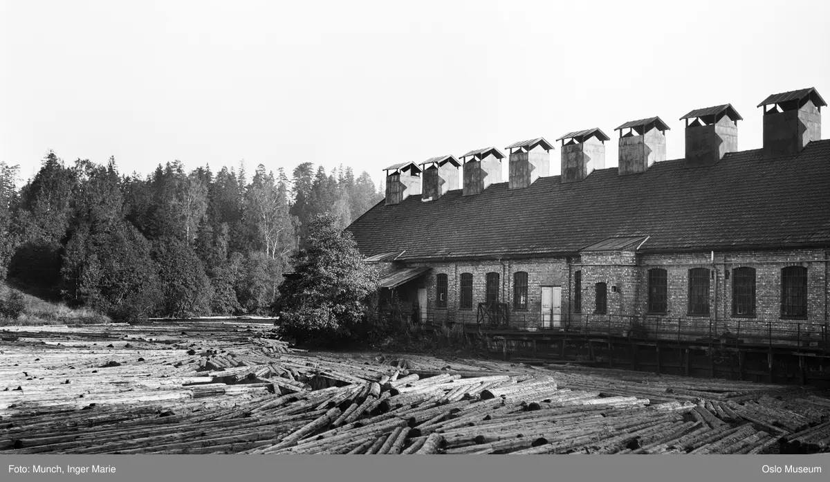 Kjelsås Bruk, fabrikkbygning, elv, dam, tømmer