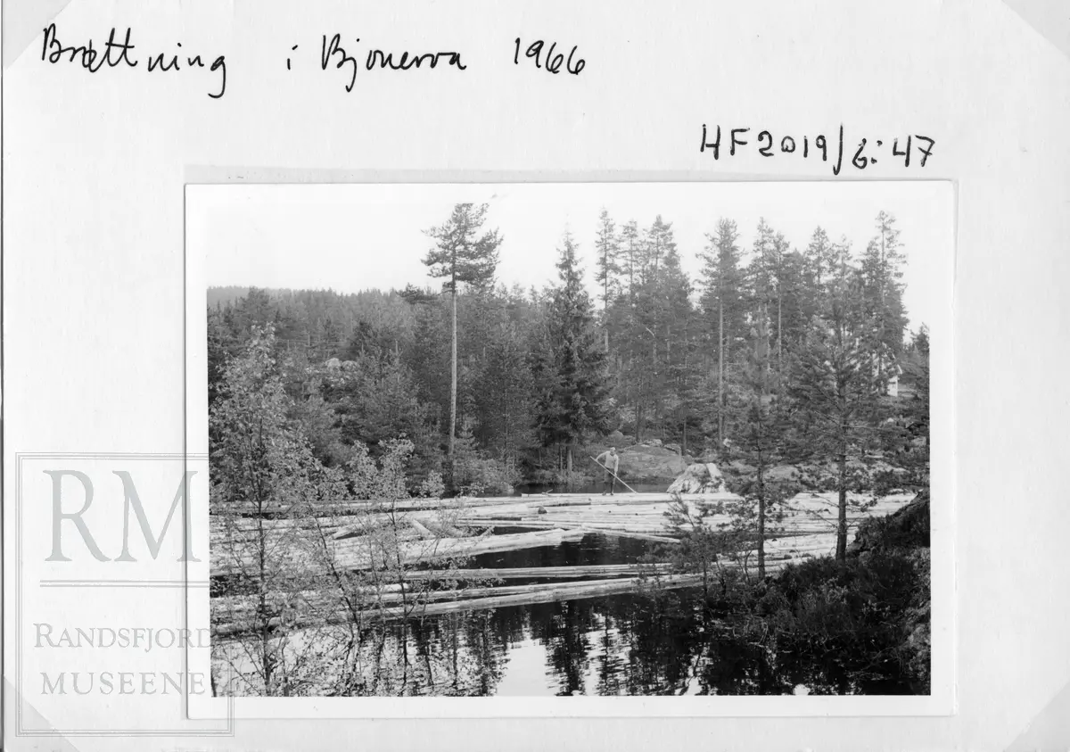 Fløtning i Bjoneelva i Bjonvassdraget. Fra Draget, via Østre Bjonevatnet, Bjonvassdammen, Østre Bjonelva, Haugtjern, Stilla og til Randsfjorden