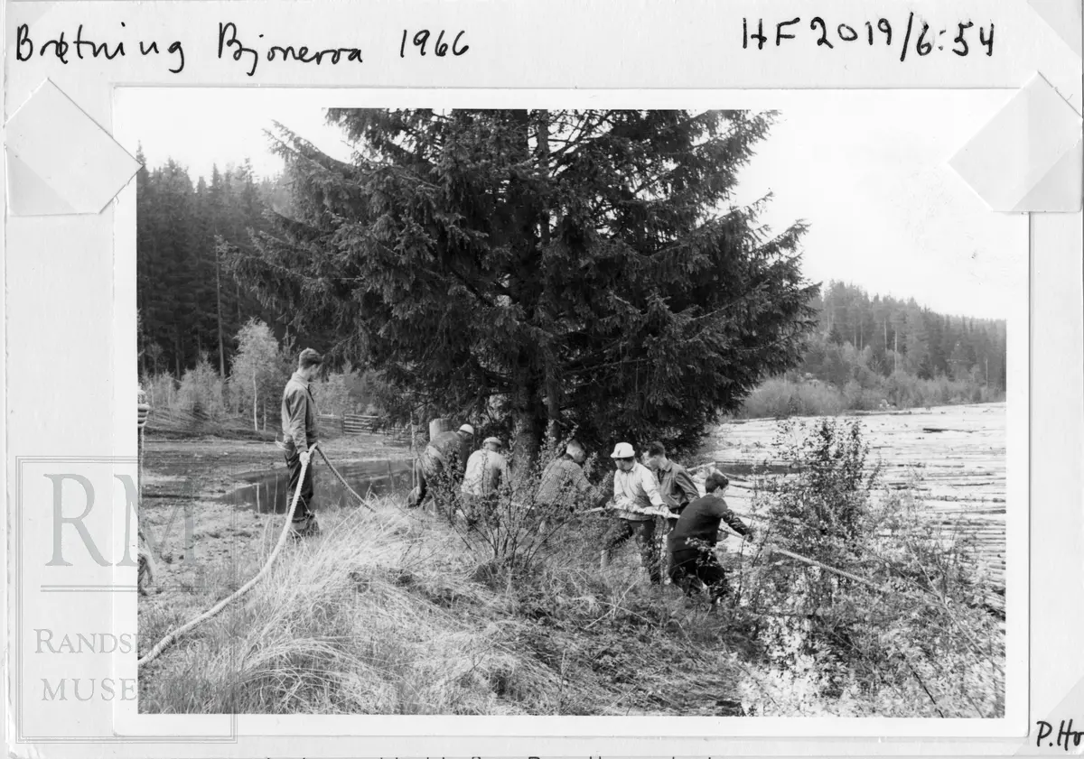 Fløtning i Bjoneelva i Bjonvassdraget. Fra Draget, via Østre Bjonevatnet, Bjonvassdammen, Østre Bjonelva, Haugtjern, Stilla og til Randsfjorden
